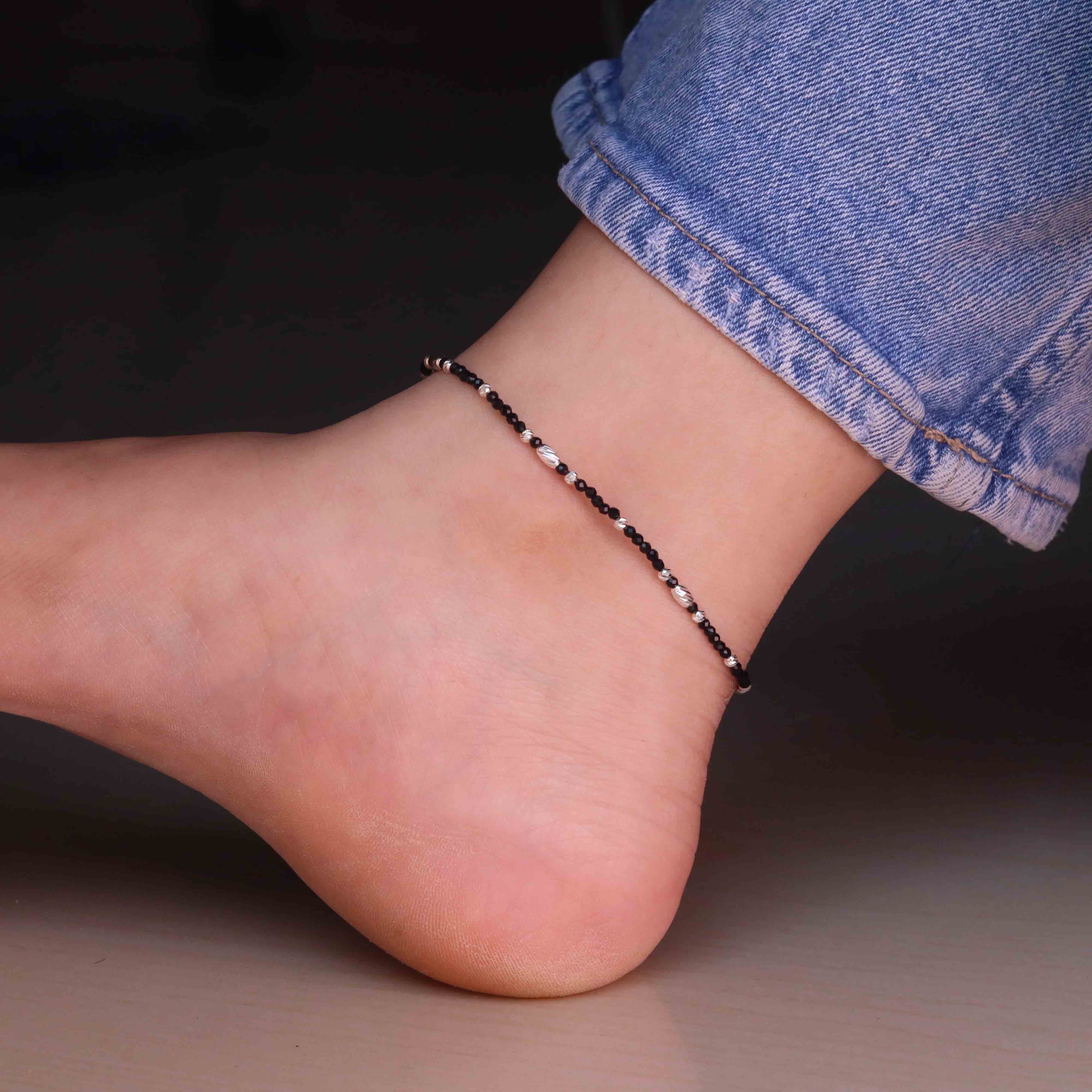 Silver Noir Beads Payal for Women