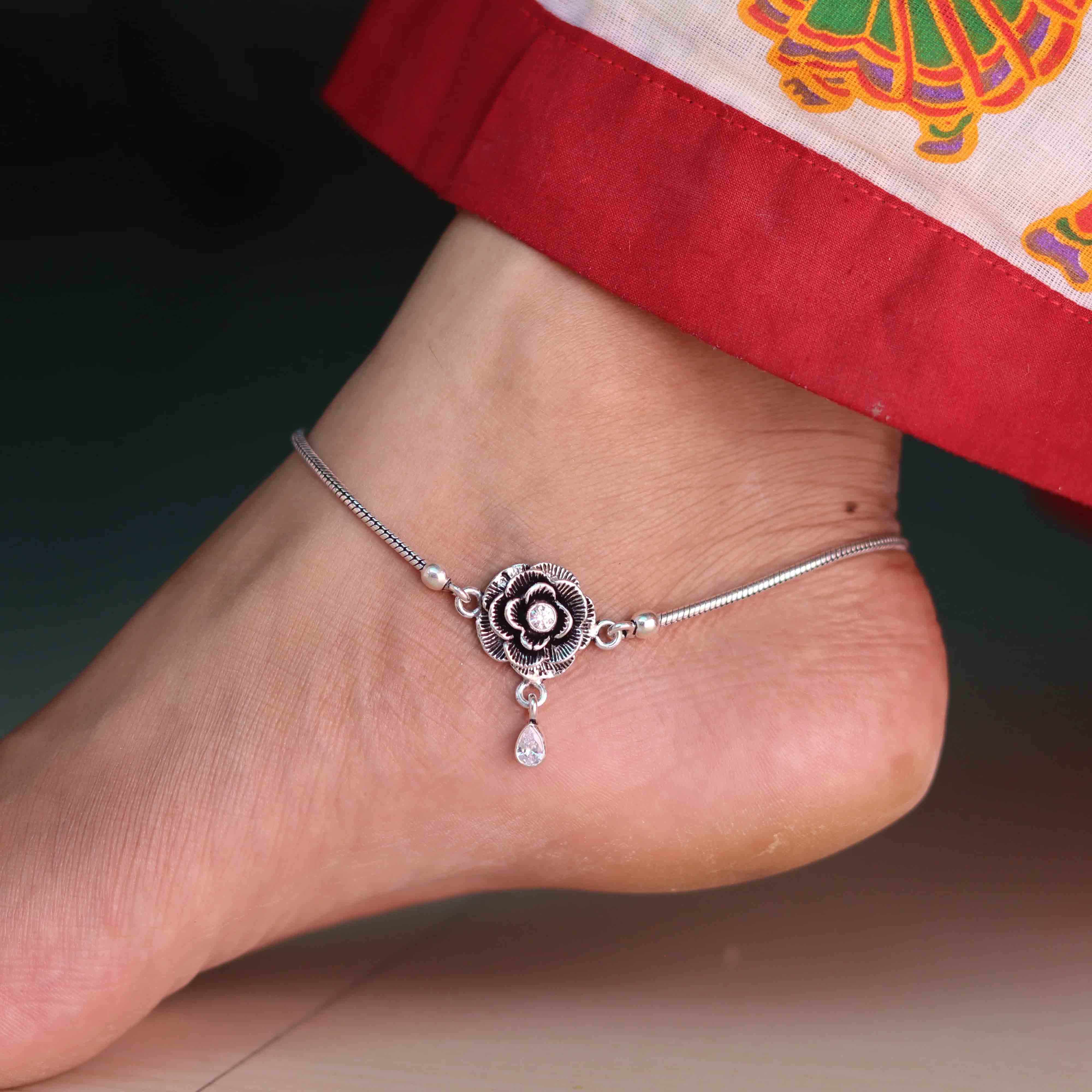 Vintage Flower Oxidized Silver Payal for Women