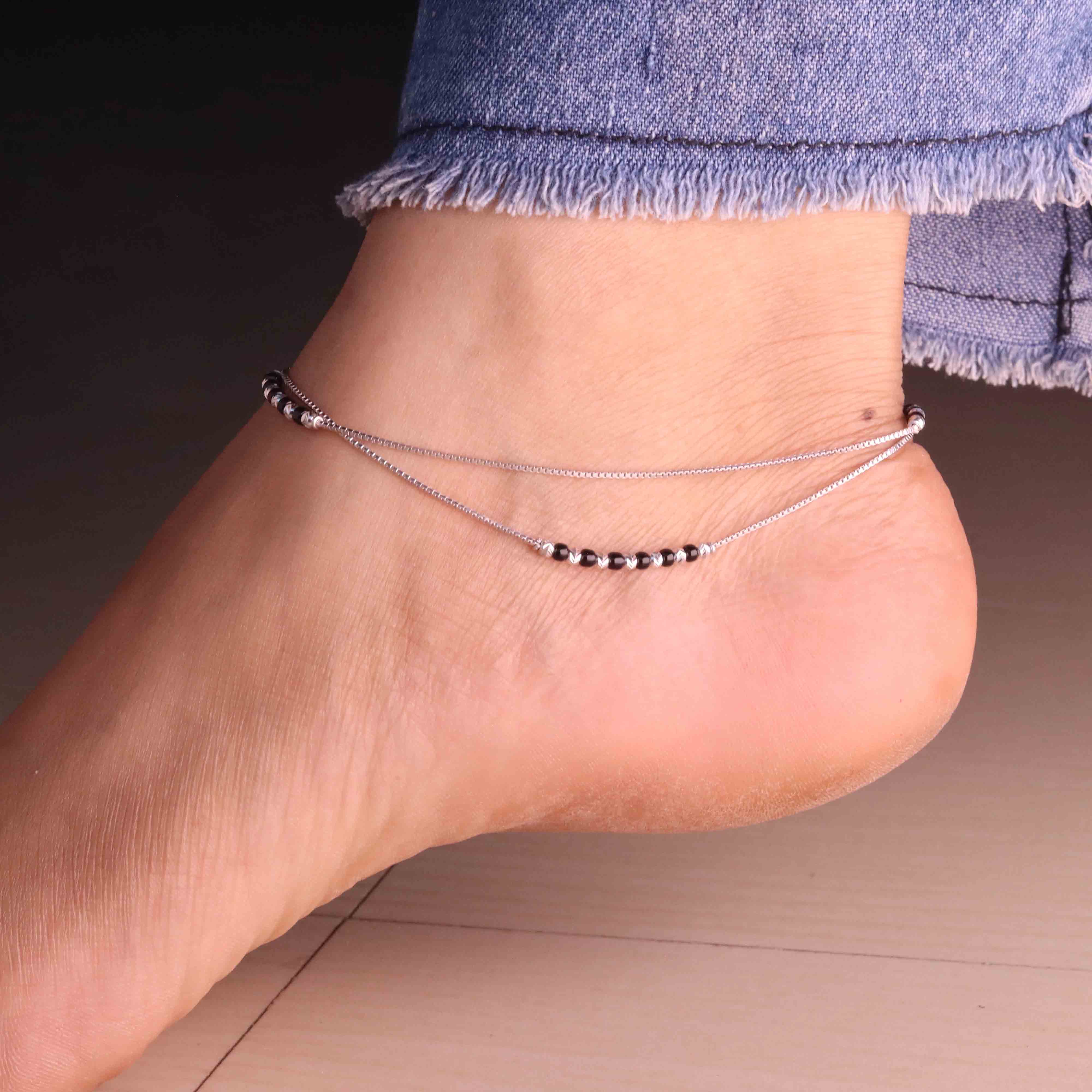 Sleek Double Layer Silver Beads Payal for Women