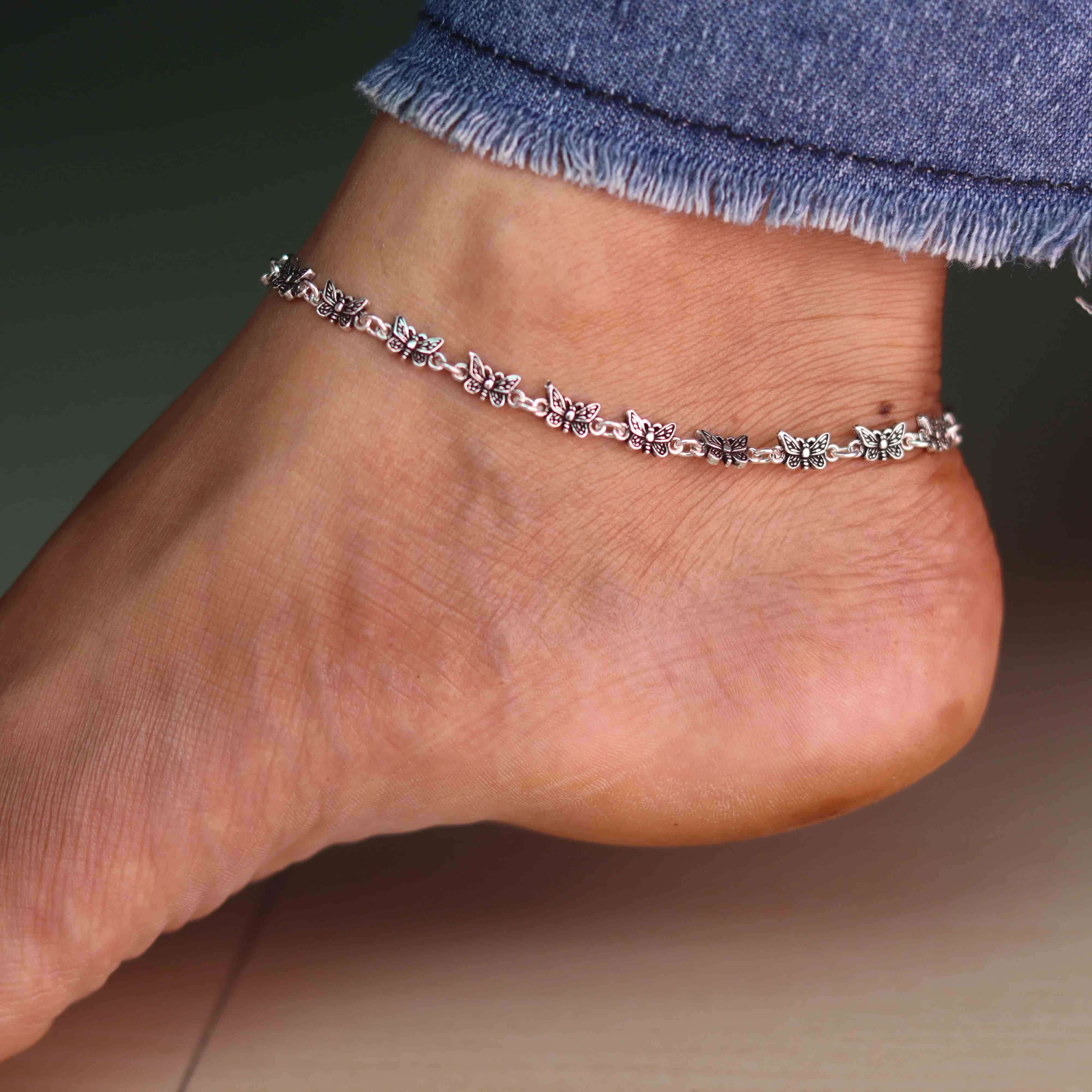 Boho Butterfly Oxidized Silver Payal