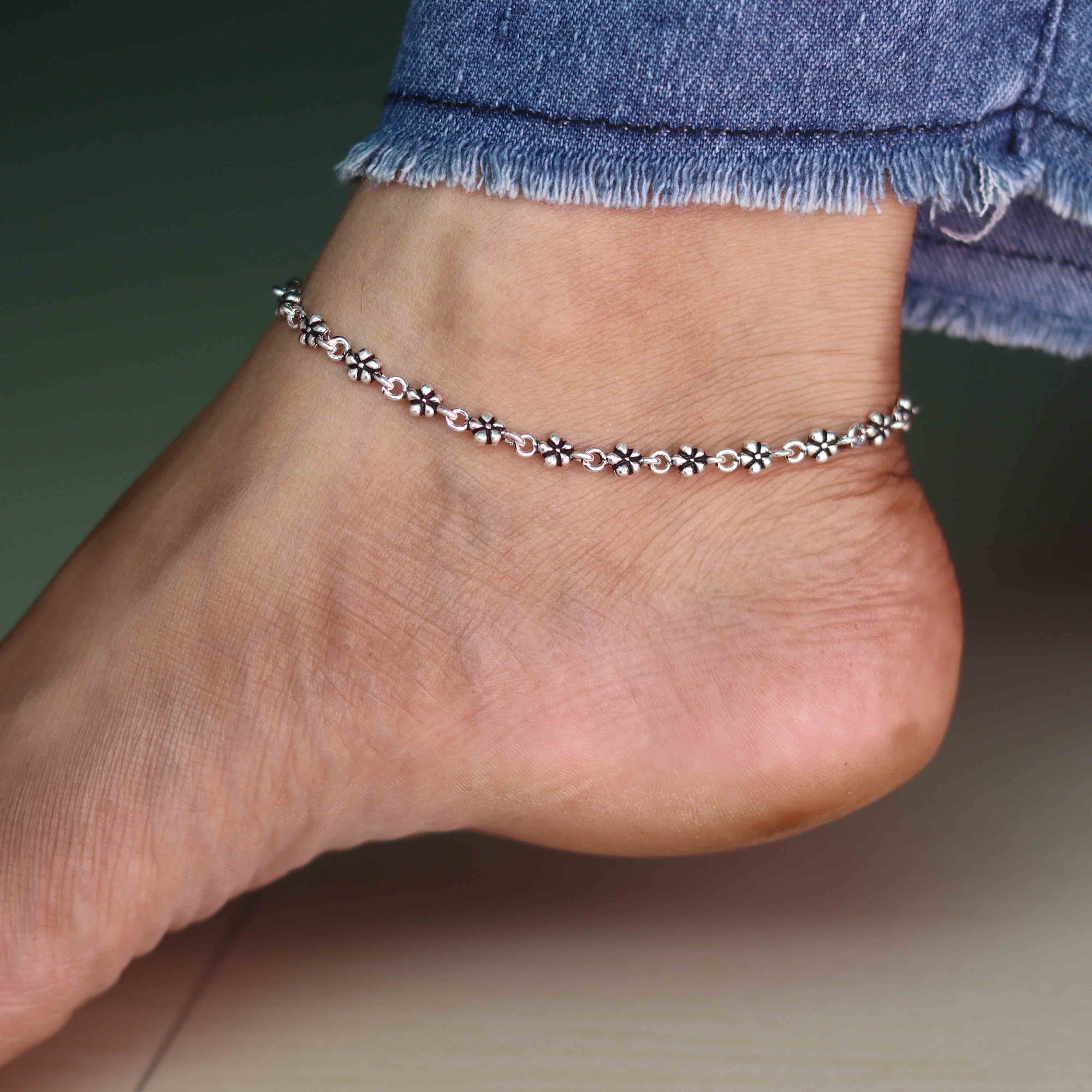 Delicate Flower Oxidized Silver Payal