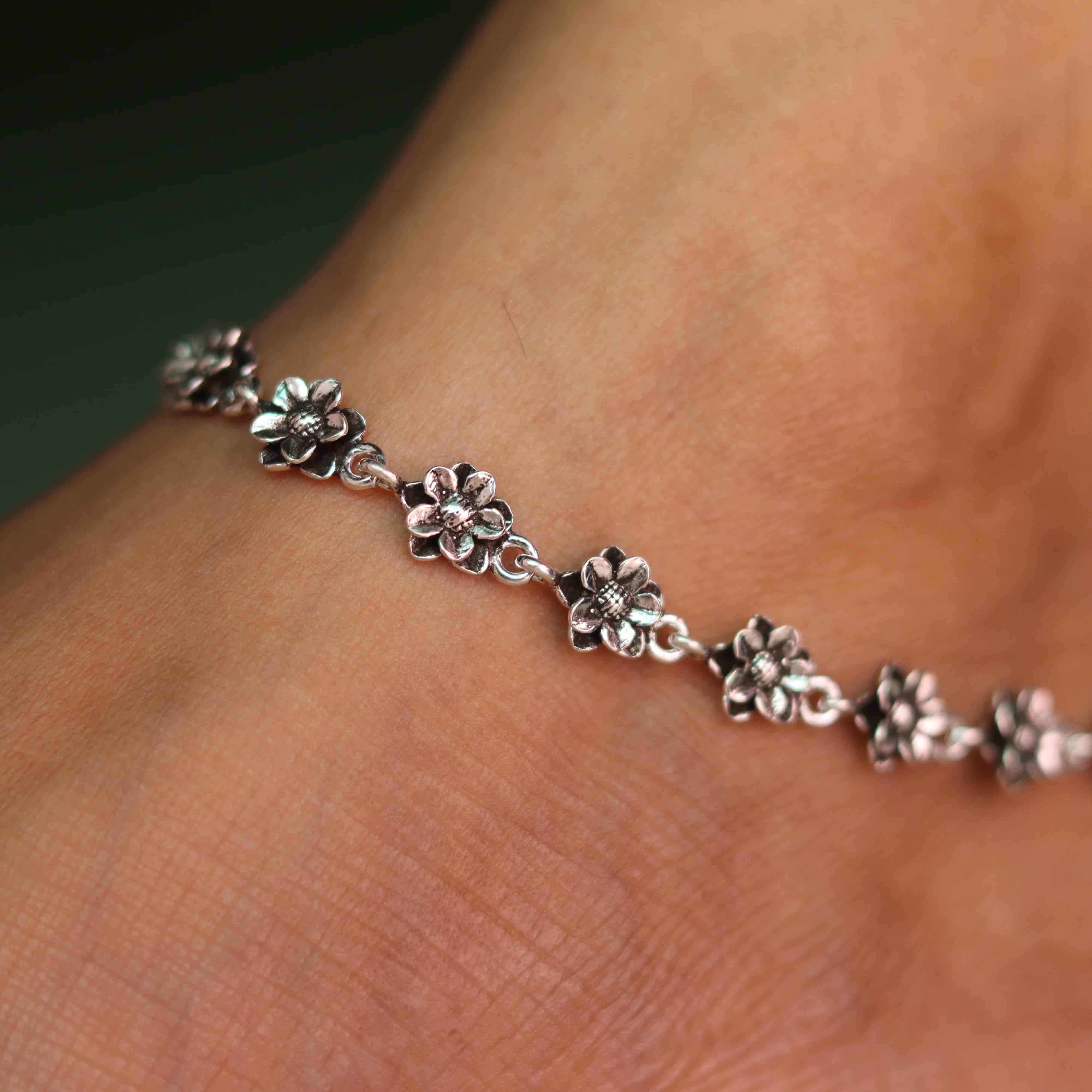 Oxidized Floral Charm Silver Payal