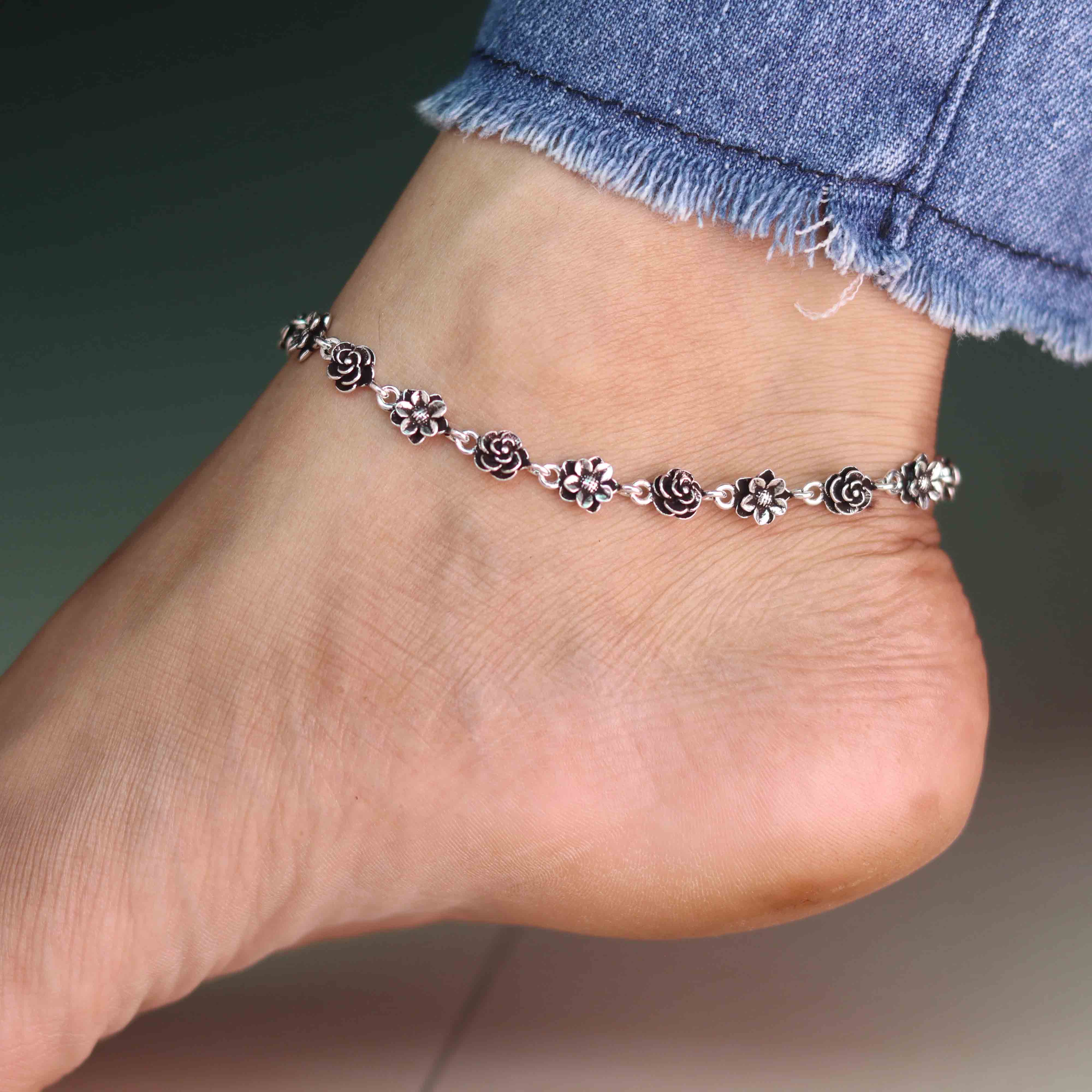 Vintage Flower Oxidized Silver Payal